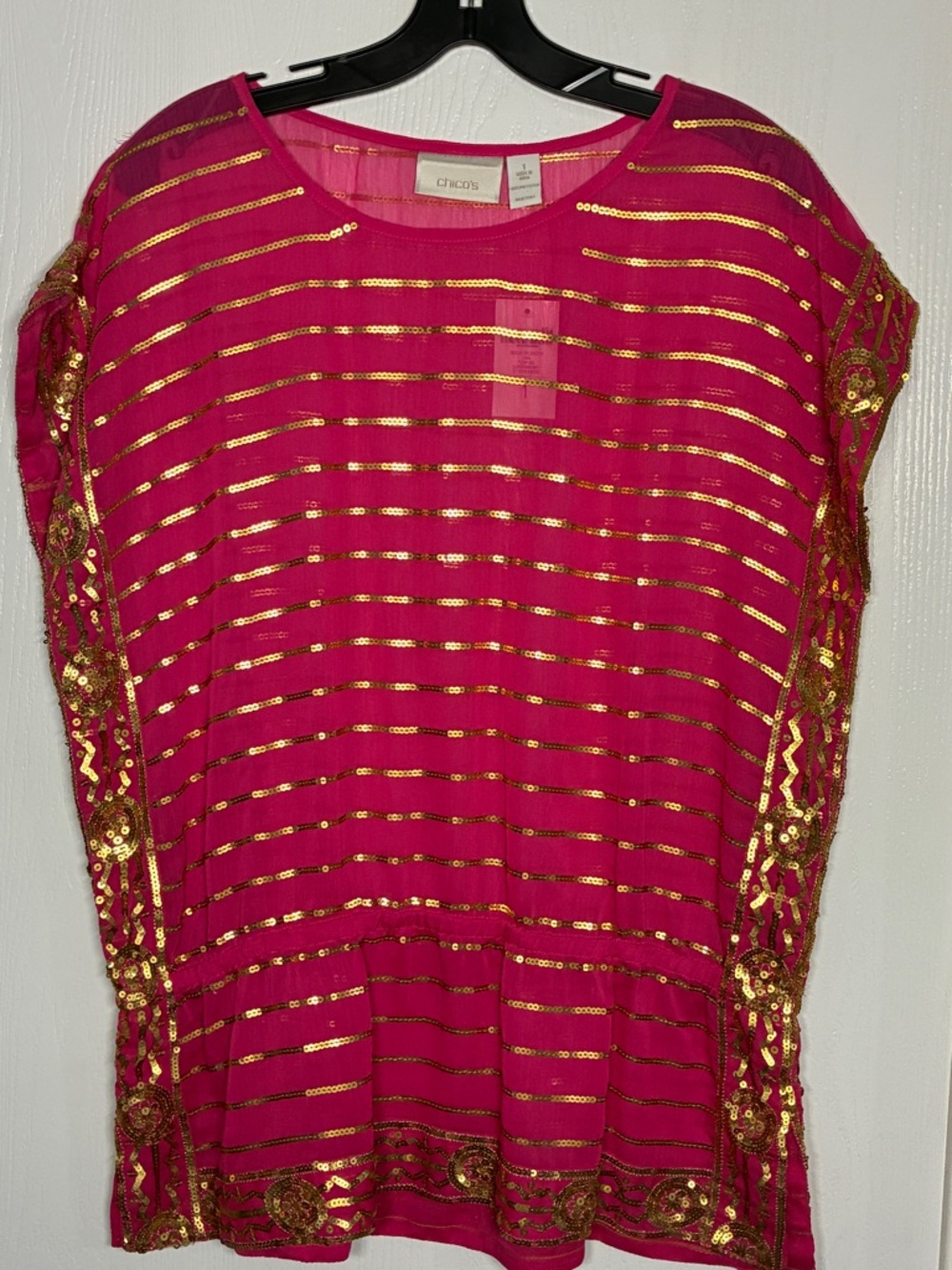 Chico’s Sequin Splendor Top Womens Size 1 Pink Gold Embellished Boho Peplum NWT